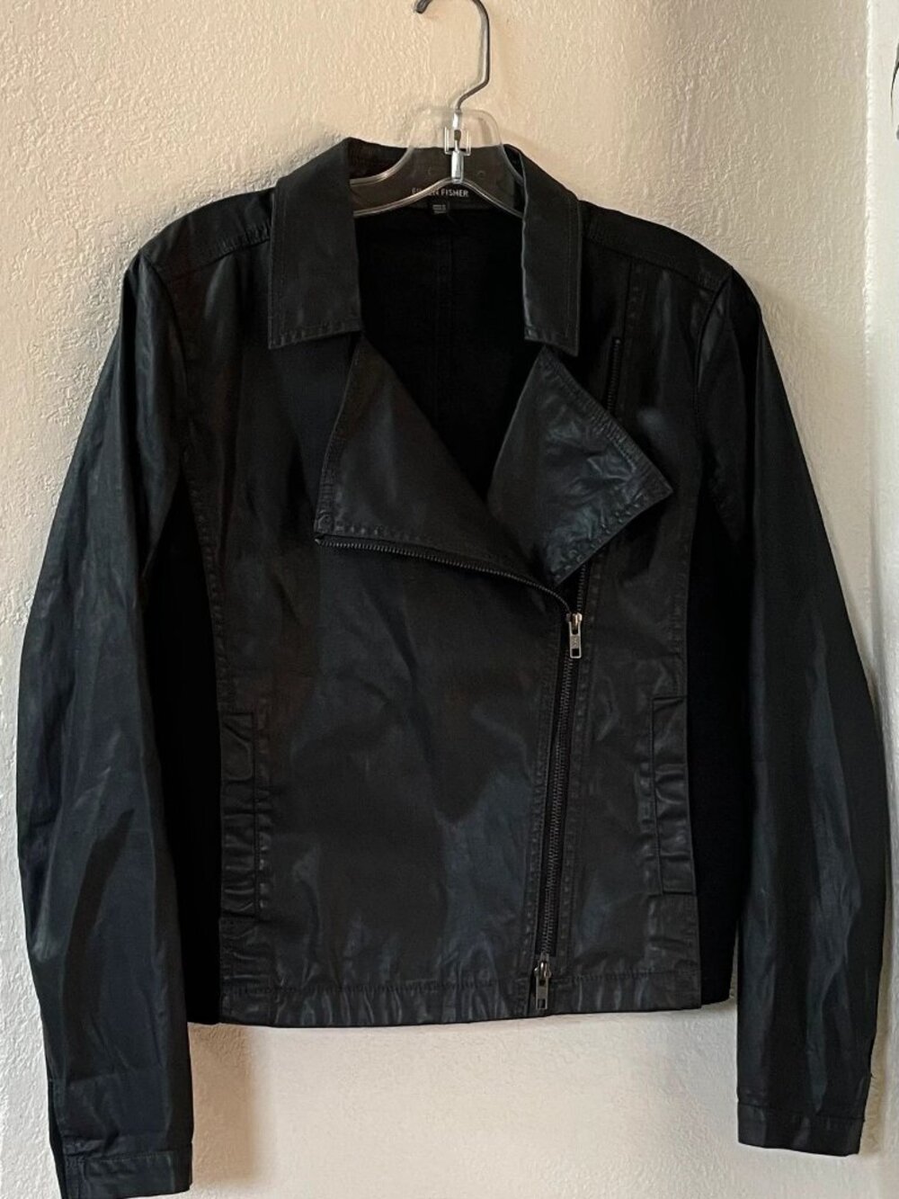 Eileen Fisher Waxed Cotton Black Moto Jacket Size XS